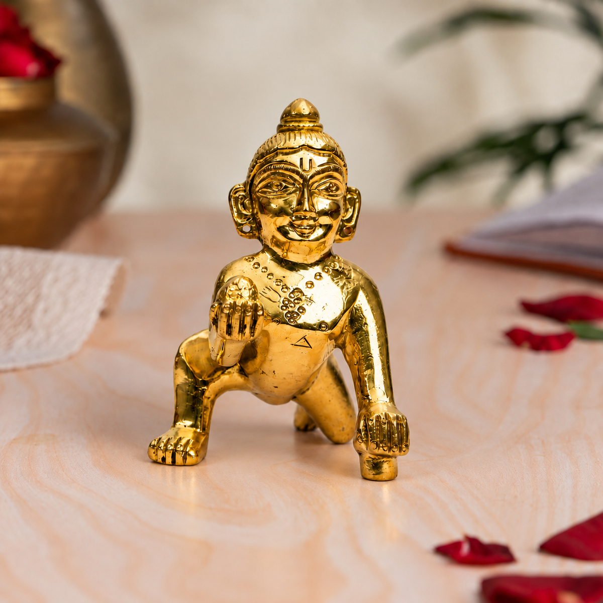 Bal Krishna Laddu Gopal Crawling Idol | Polished Golden Brass Finish
