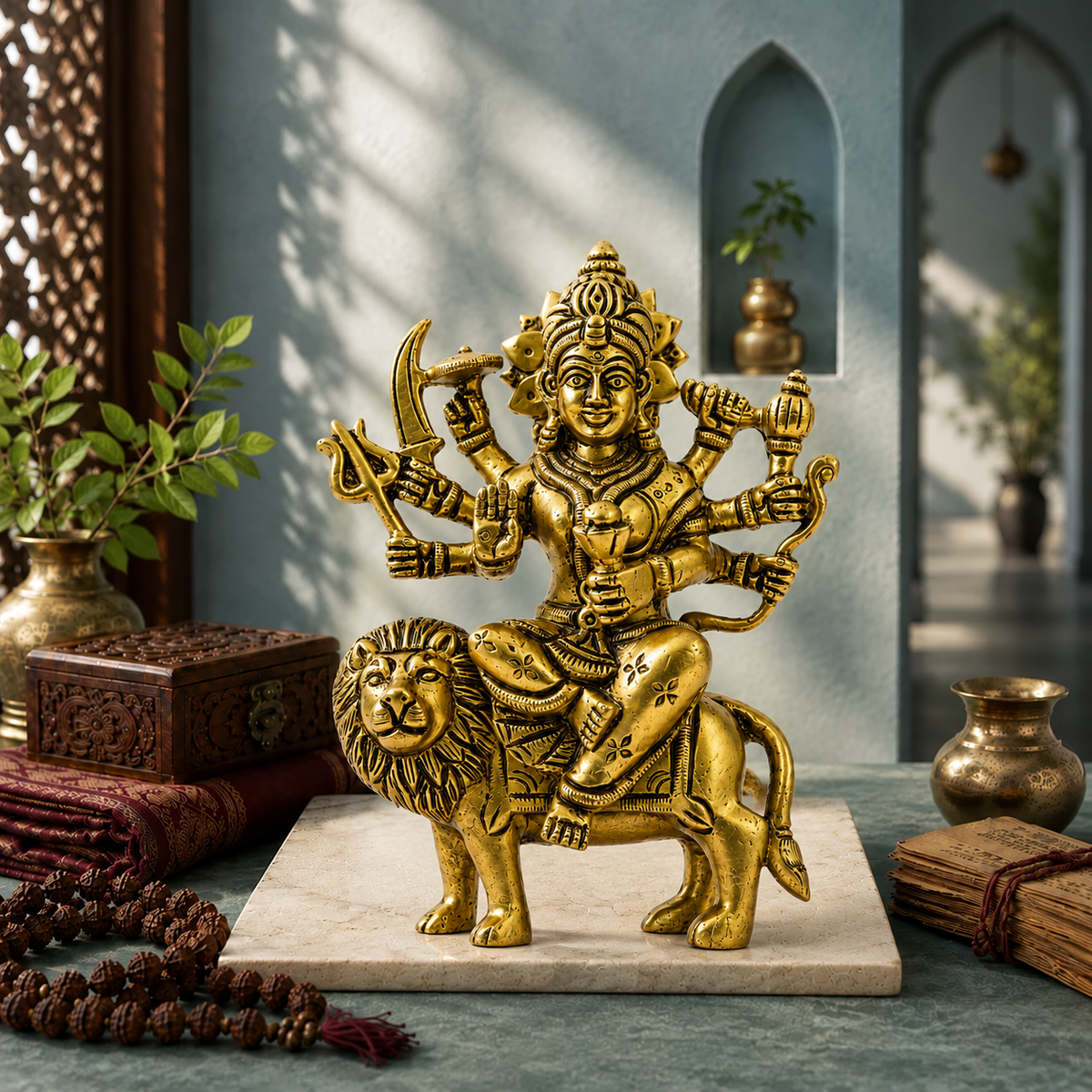 Goddess Durga Seated on Lion Idol | Antique Golden Brass Finish