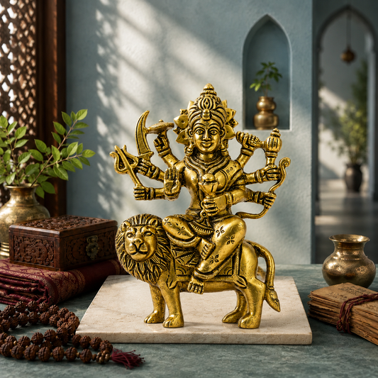 Goddess Durga Seated on Lion Idol | Antique Golden Brass Finish