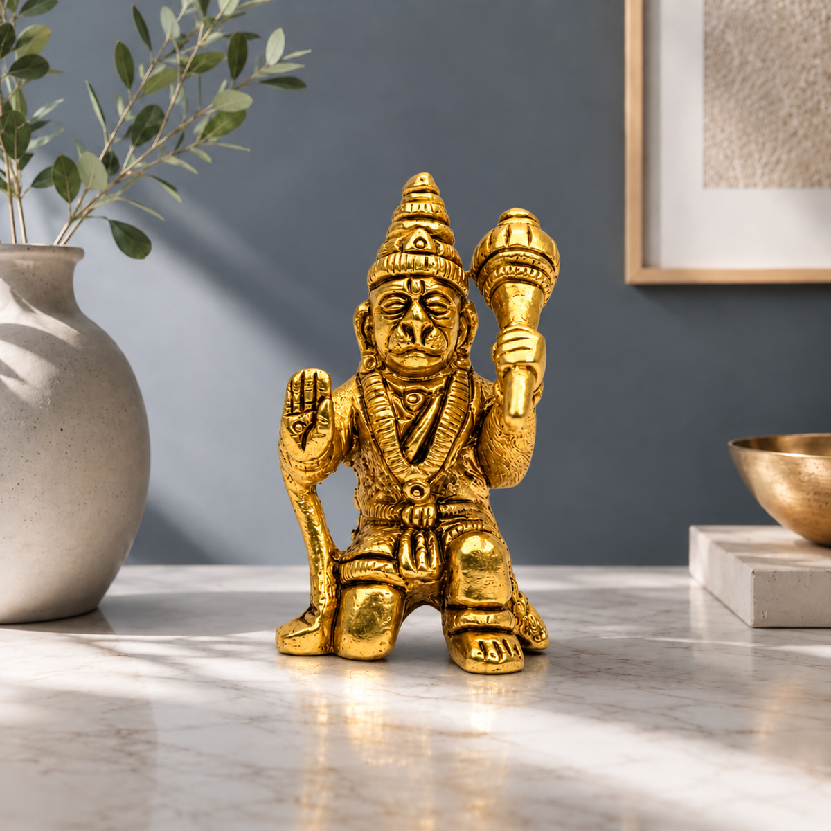 Lord Hanuman Kneeling with Gada Showpiece | Polished Brass Finish