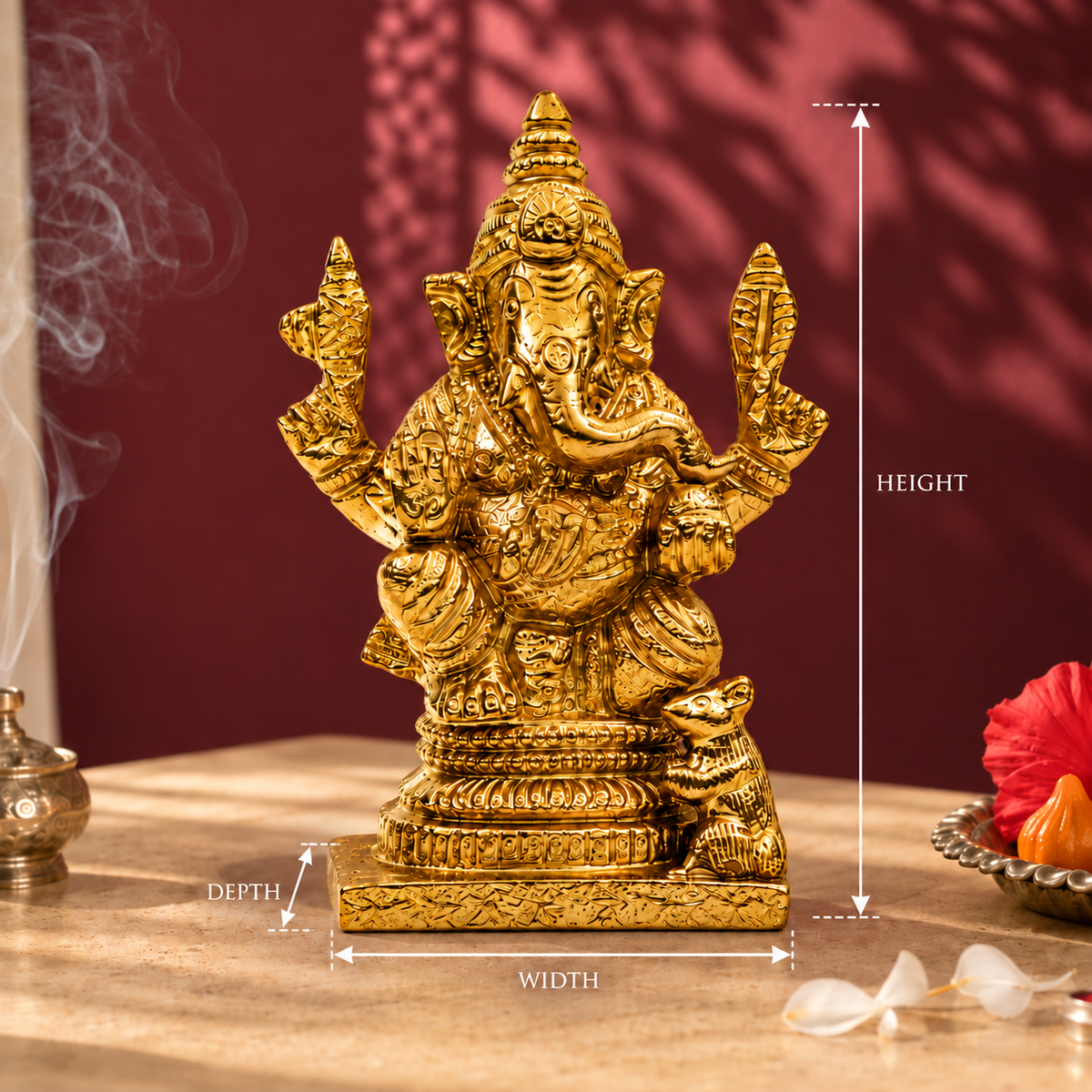Lord Ganesha Idol with Mouse | Antique Golden Brass Finish