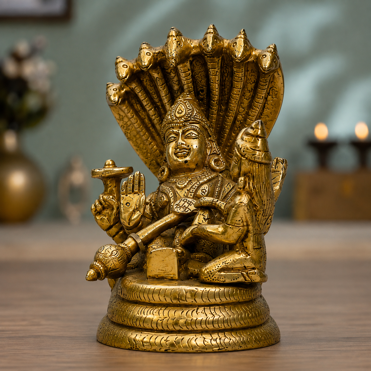Lord Vishnu Resting on Sheshnag with Goddess Lakshmi Idol | Antique Golden Brass Finish