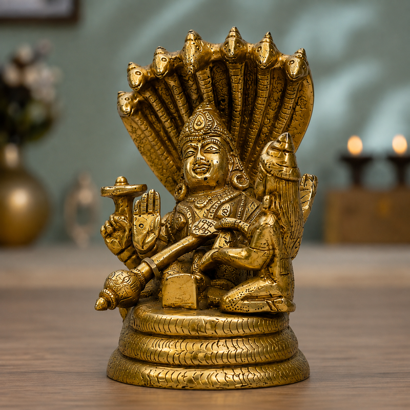 Lord Vishnu Resting on Sheshnag with Goddess Lakshmi Idol | Antique Golden Brass Finish