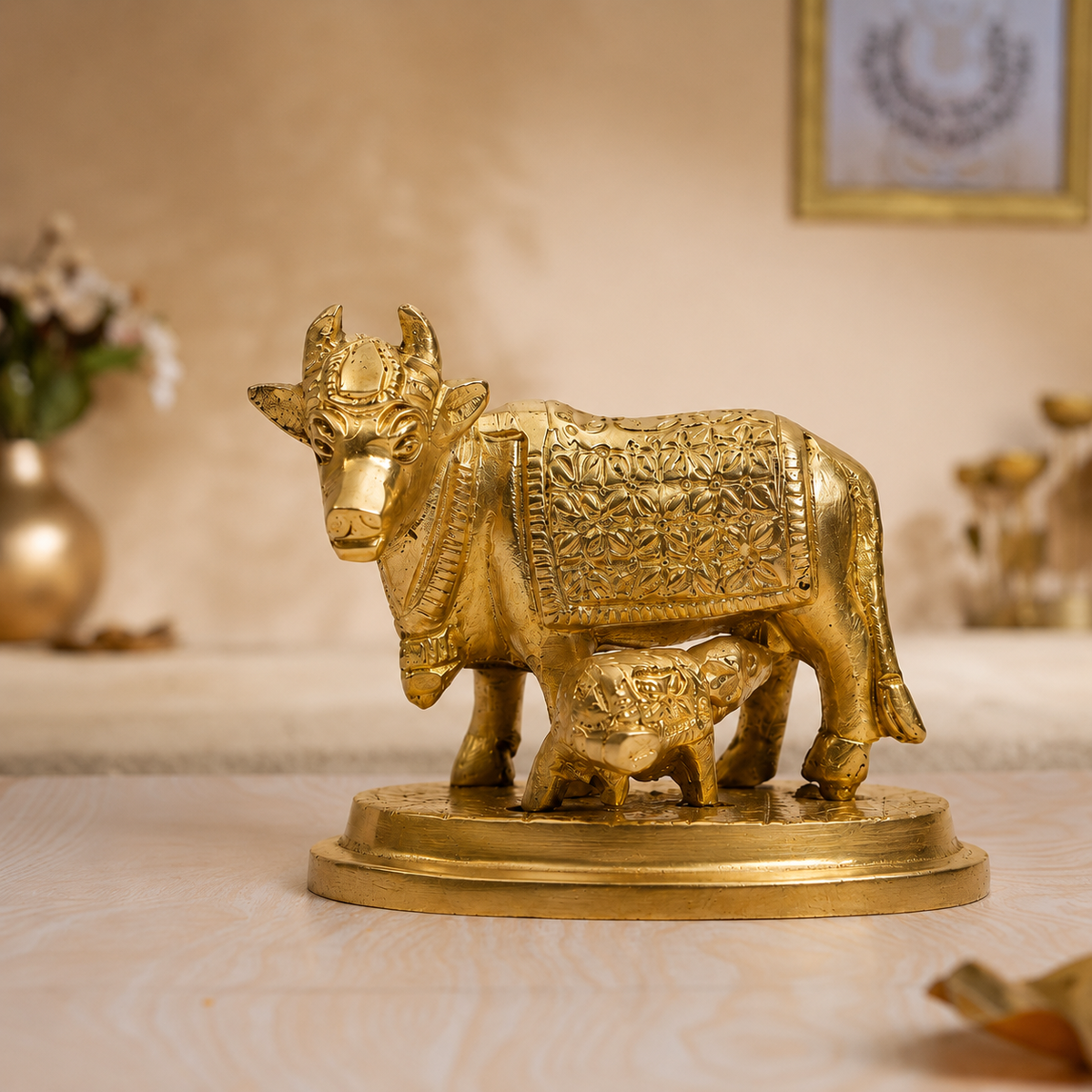 Gau Mata with Calf Idol | Polished Golden Brass Finish