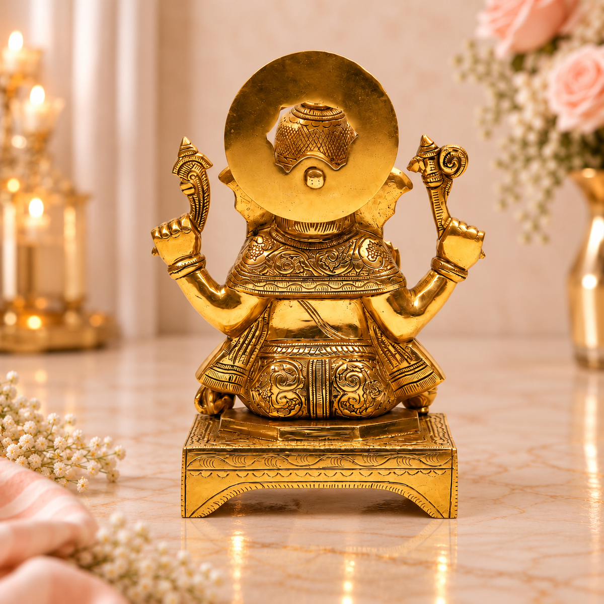 Lord Ganesha Idol with Halo and Mouse | Antique Golden Brass Finish