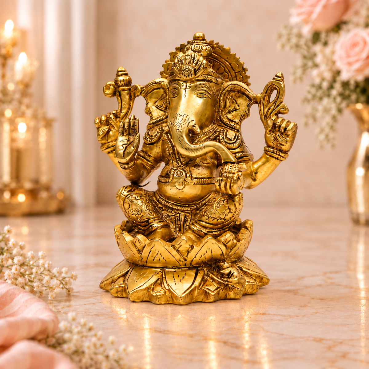 Antique Gold Lord Ganesha Statue on Lotus Pedestal | Traditional Spiritual Décor