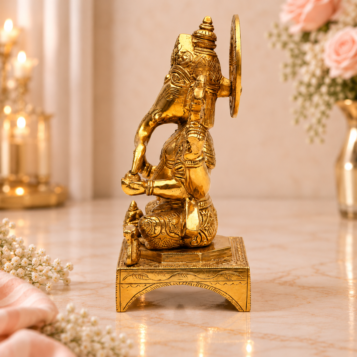 Lord Ganesha Idol with Halo and Mouse | Antique Golden Brass Finish