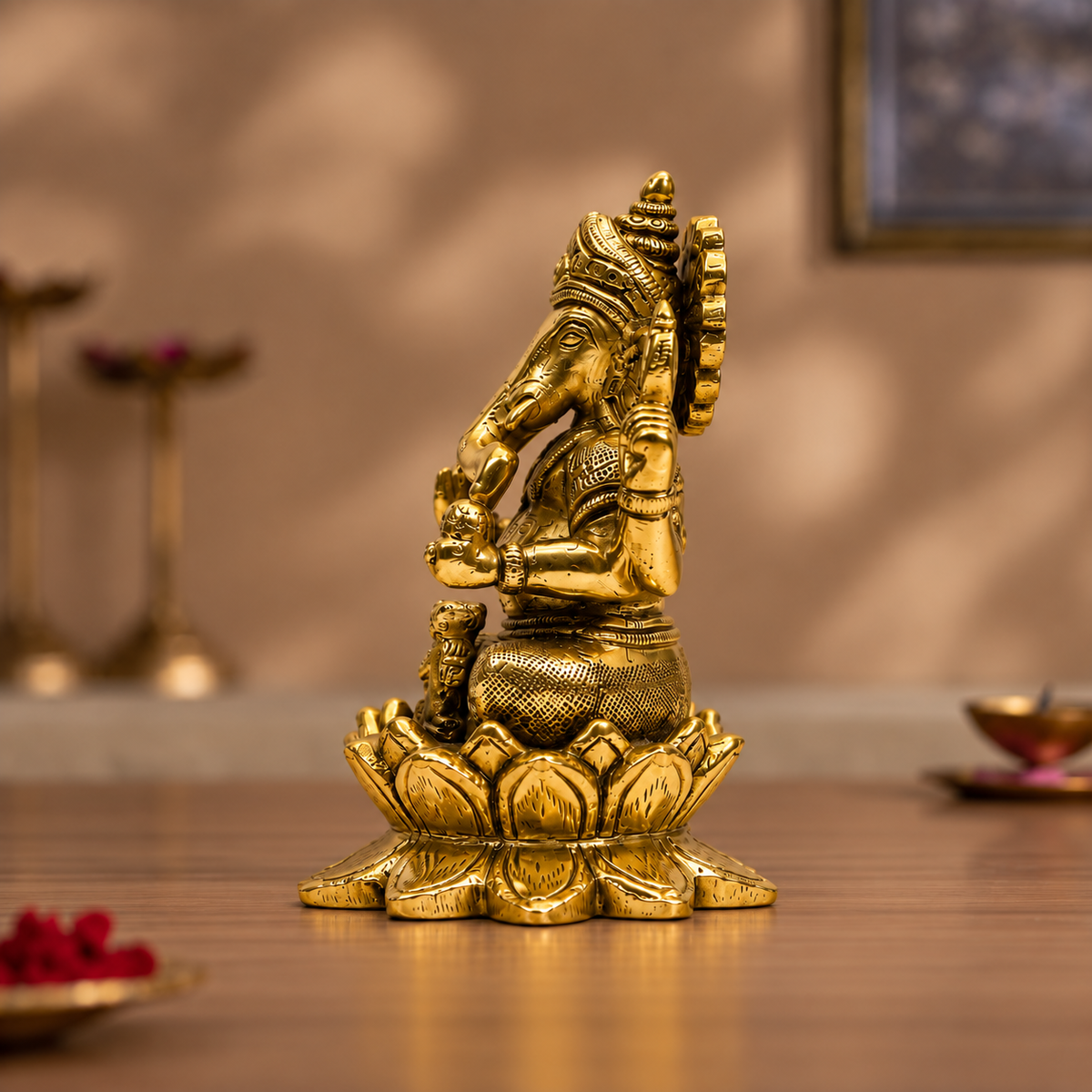 Lord Ganesha With Mouse Seated on Lotus Idol | Antique Golden Brass Finish