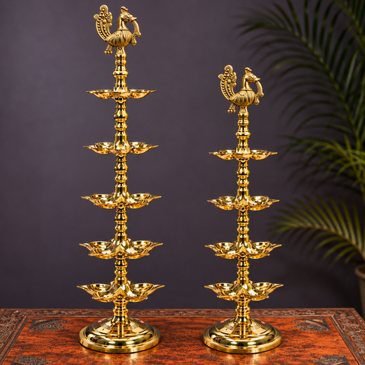 5-Tier Peacock Deepam Stand | Polished Golden Brass Finish