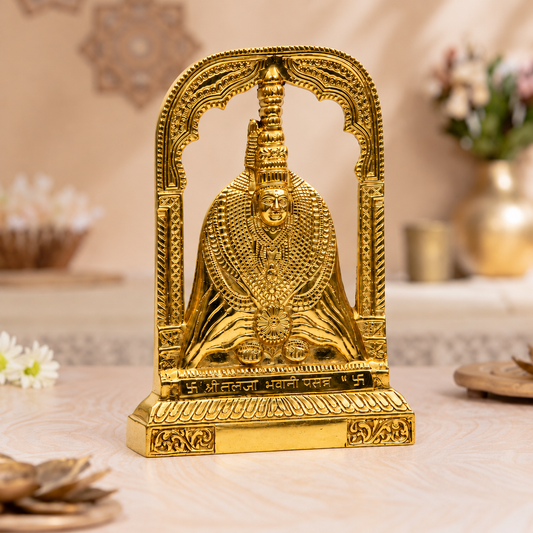 Goddess Tulja Bhavani Idol with Temple Arch | Polished Golden Brass Finish