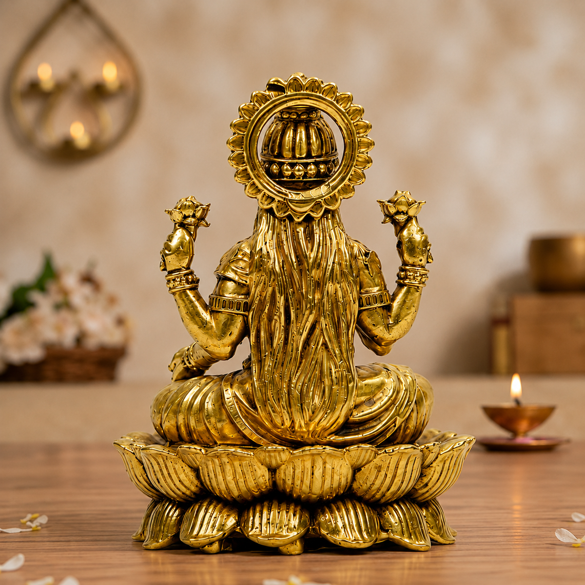 Goddess Lakshmi Seated on Lotus Idol | Antique Golden Brass Finish