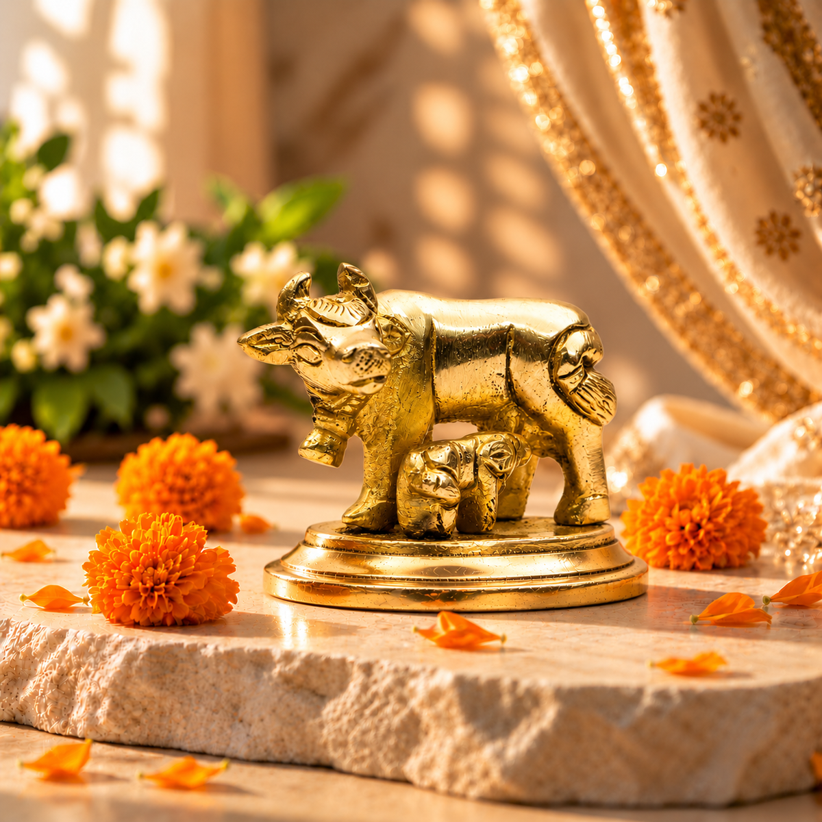 Gau Mata with Calf Idol | Antique Golden Brass Finish