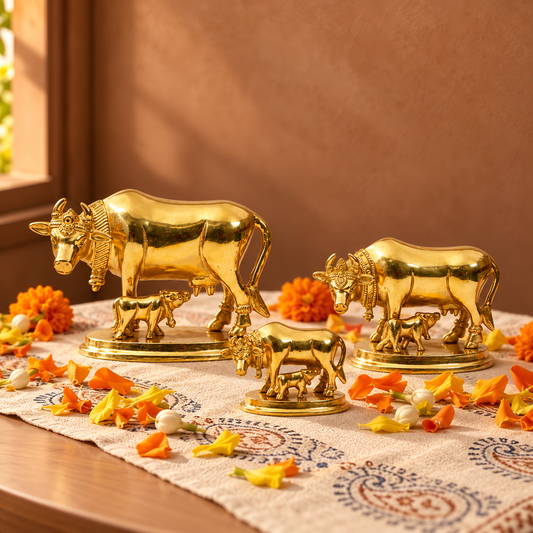 Gau Mata with Calf Idol Set of 3 | Polished Golden Brass Finish