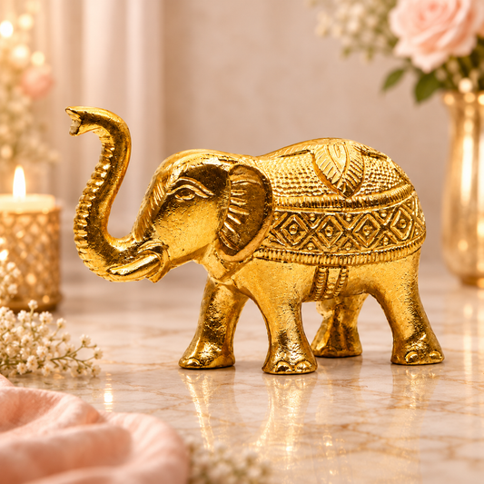 Decorative Elephant with Raised Trunk Figurine | Antique Golden Brass Finish