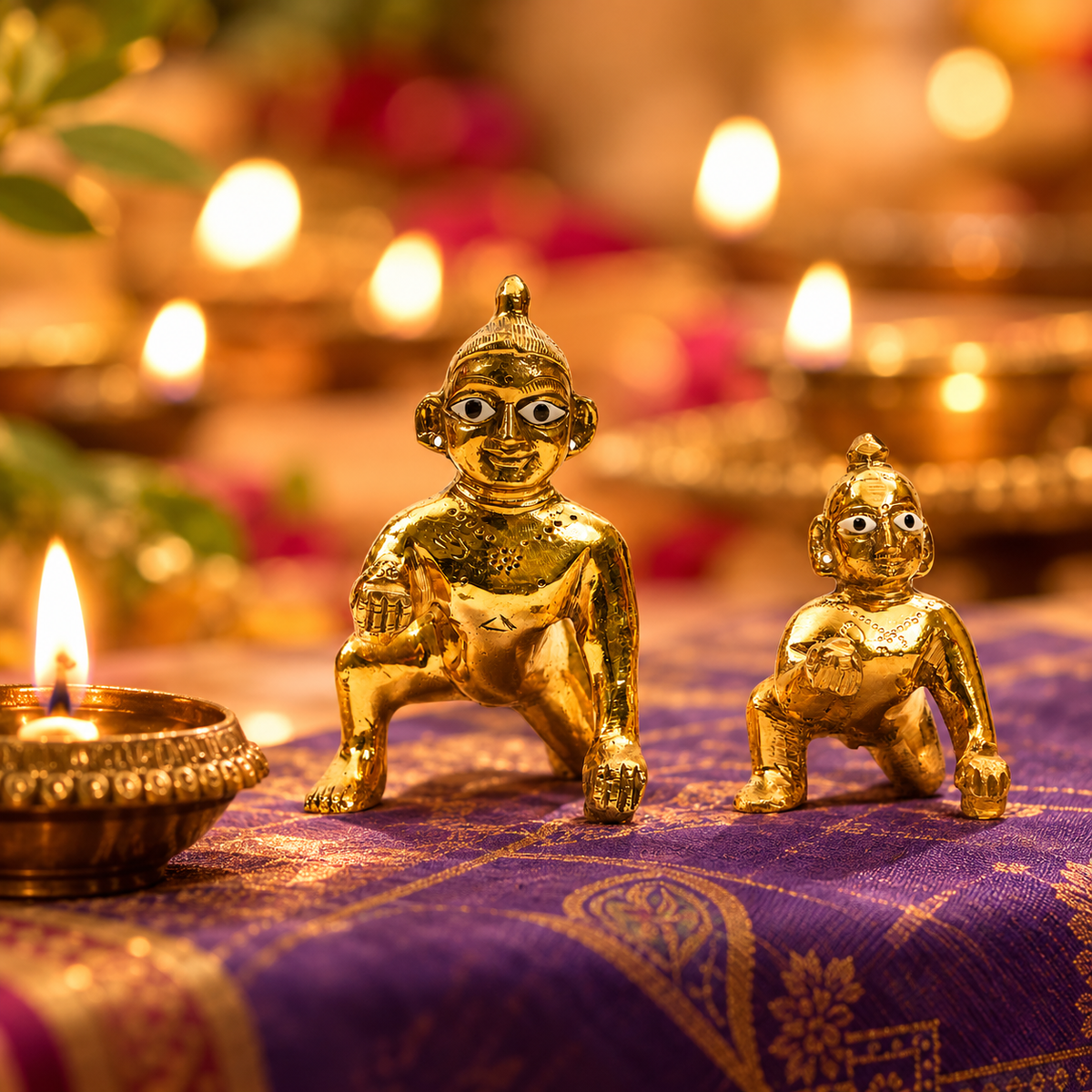 Bal Krishna Crawling Idol Set of 2 | Antique Golden Brass Finish