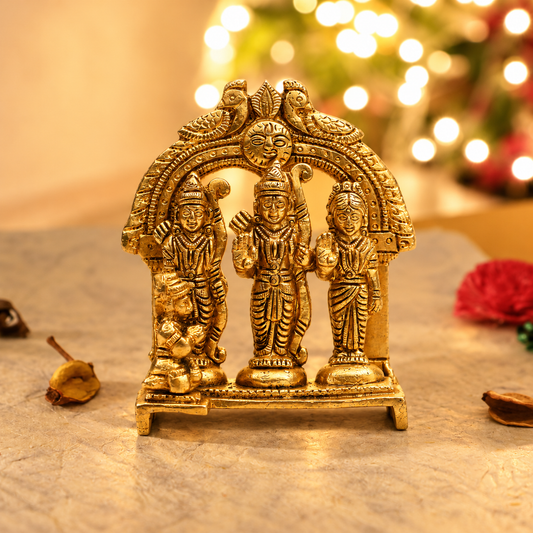 Ram Darbar with Hanuman & Decorative Peacock Arch Idol | Antique Golden Brass Finish