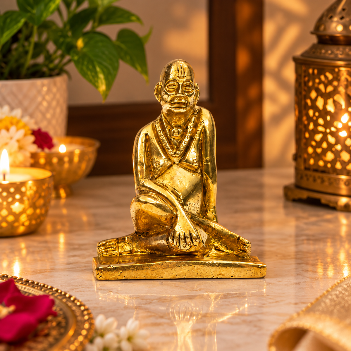 Sri Ramanujacharya Seated Saint Idol | Antique Golden Brass Finish