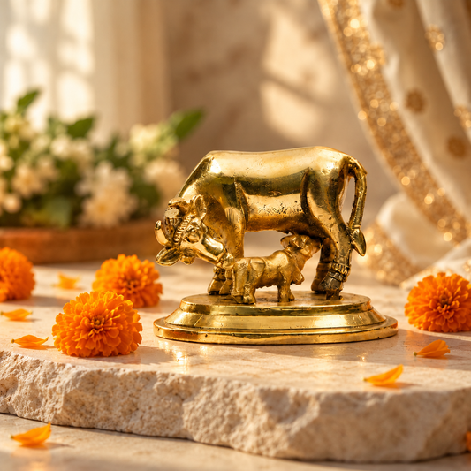 Gau Mata with Calf Idol | Antique Golden Brass Finish