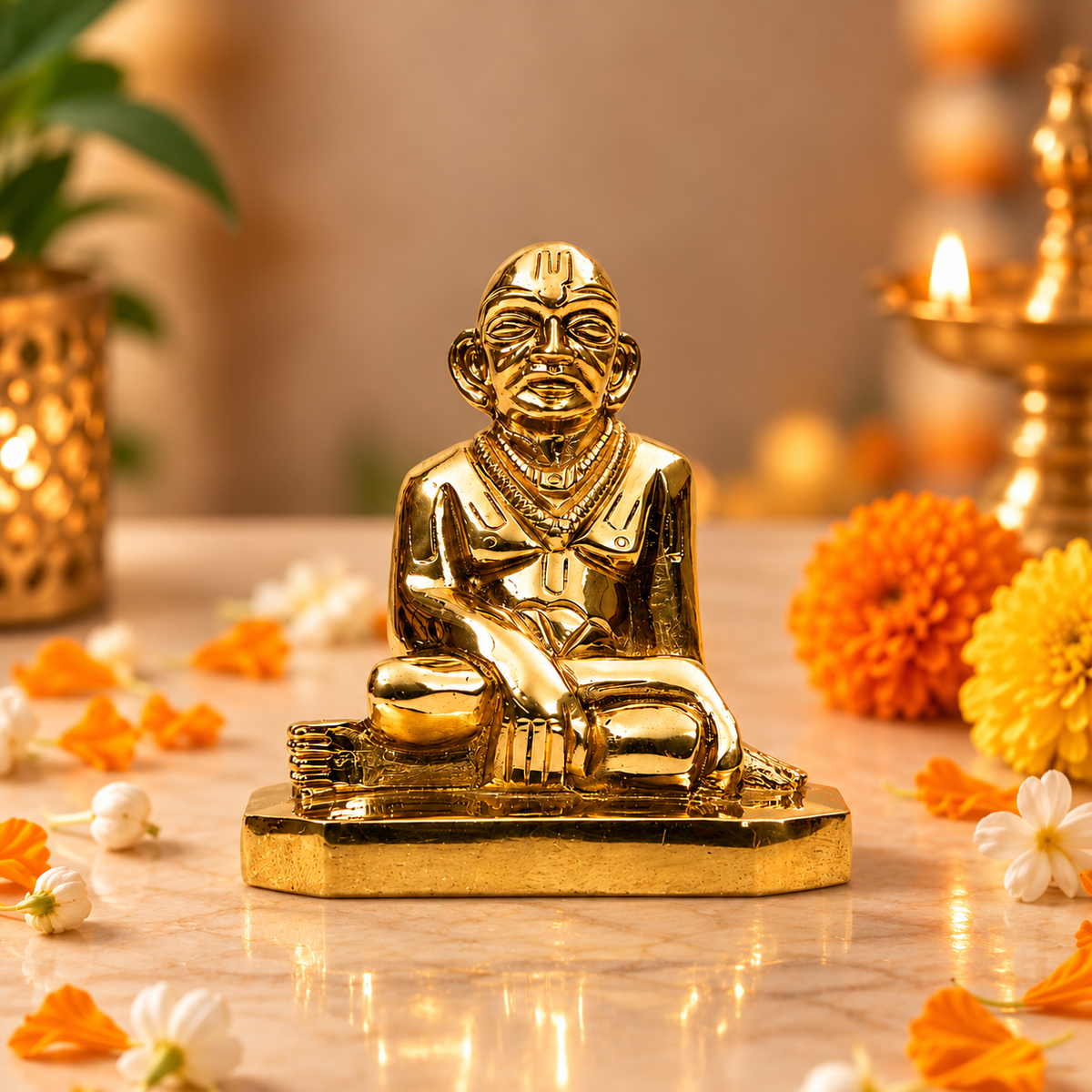 Sri Ramanujacharya Swami Statue | Antique Gold Vaishnav Guru Sculpture