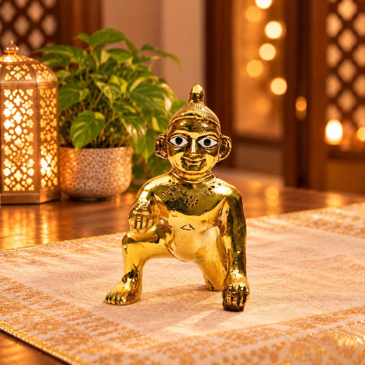 Bal Krishna Crawling Bold Eye Idol | Polished Golden Brass Finish