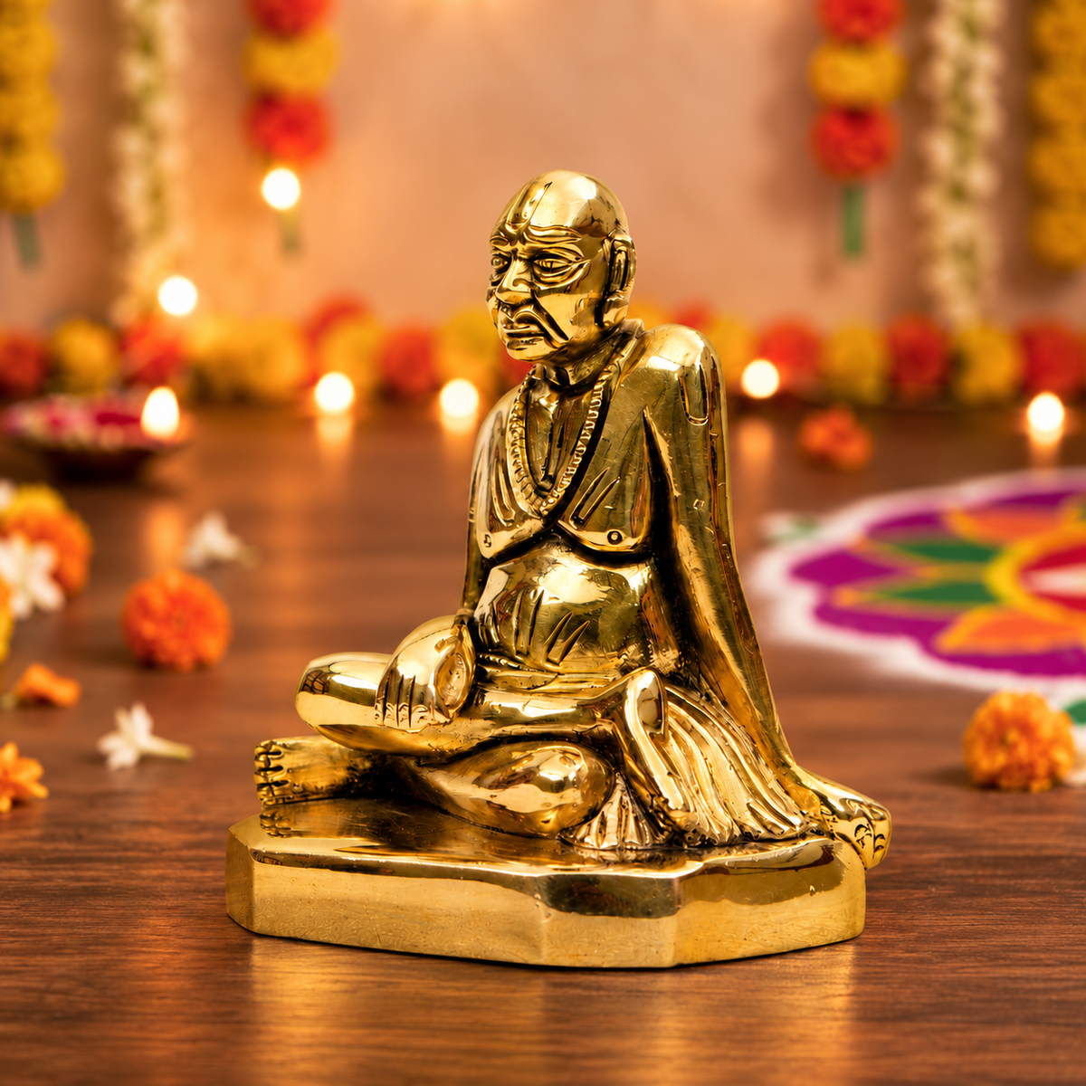 Sri Ramanujacharya Seated Guru Idol | Antique Golden Brass Finish