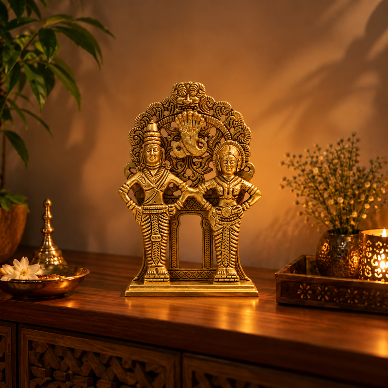 Lord Venkateswara Balaji with Goddess Padmavati Idol | Antique Golden Brass Finish