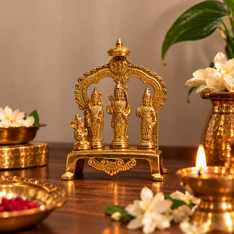 Ram Darbar with Hanuman Under Temple Arch Idol | Antique Golden Brass Finish