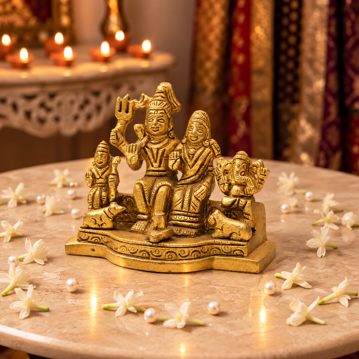 Shiva Parivar Family Idol with Ganesha & Kartikeya | Antique Golden Brass Finish