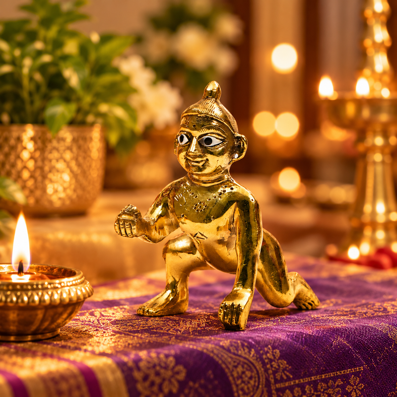 Bal Krishna Crawling Bold Eye Idol | Polished Golden Brass Finish