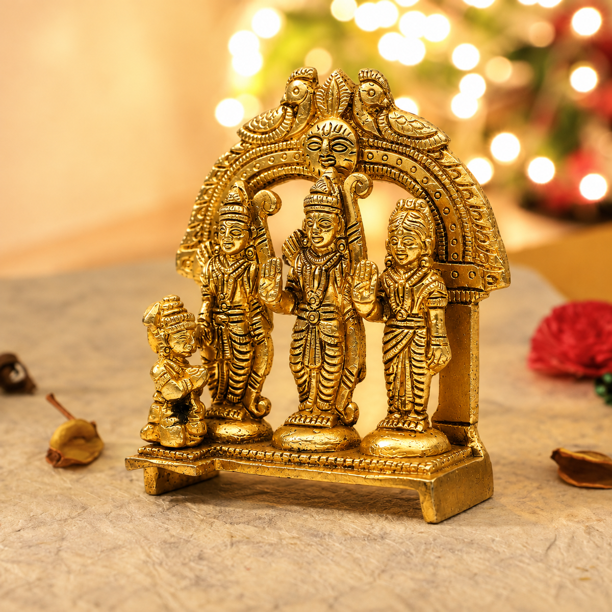 Ram Darbar with Hanuman & Decorative Peacock Arch Idol | Antique Golden Brass Finish