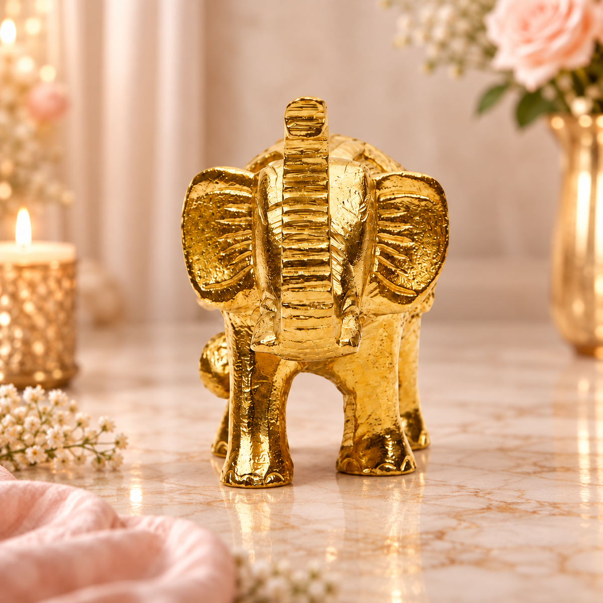 Decorative Elephant with Raised Trunk Figurine | Antique Golden Brass Finish