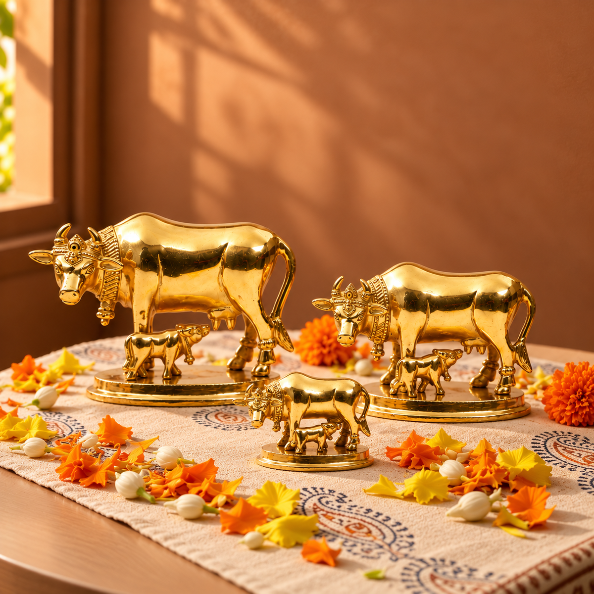 Gau Mata with Calf Idol Set of 3 | Polished Golden Brass Finish