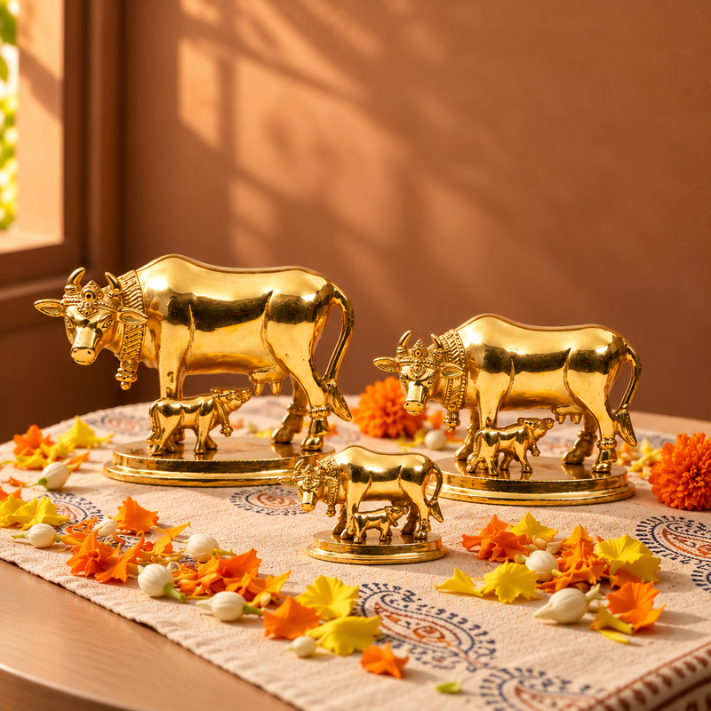Gau Mata with Calf Idol Set of 3 | Polished Golden Brass Finish