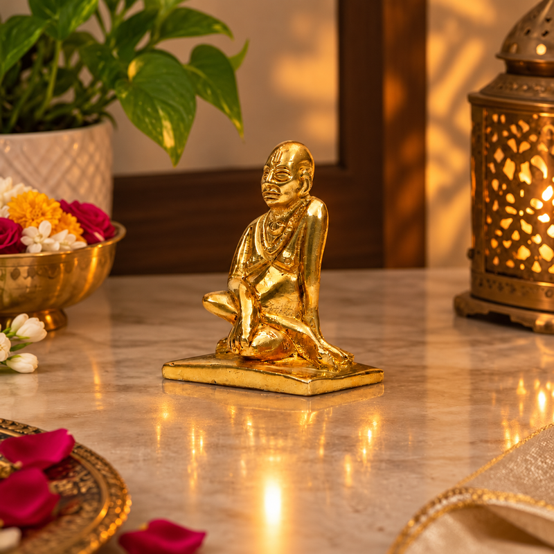 Sri Ramanujacharya Seated Saint Idol | Antique Golden Brass Finish