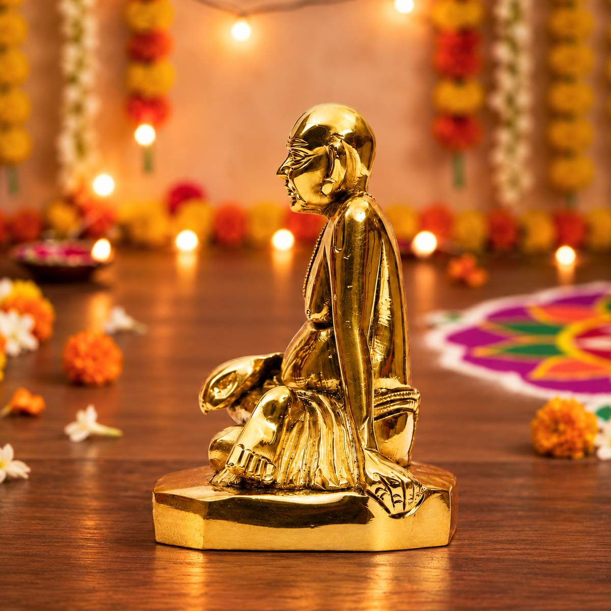 Sri Ramanujacharya Seated Guru Idol | Antique Golden Brass Finish
