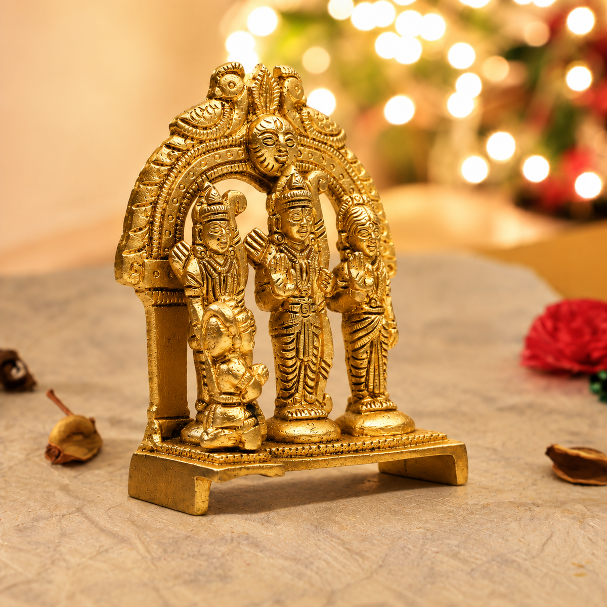 Ram Darbar with Hanuman & Decorative Peacock Arch Idol | Antique Golden Brass Finish