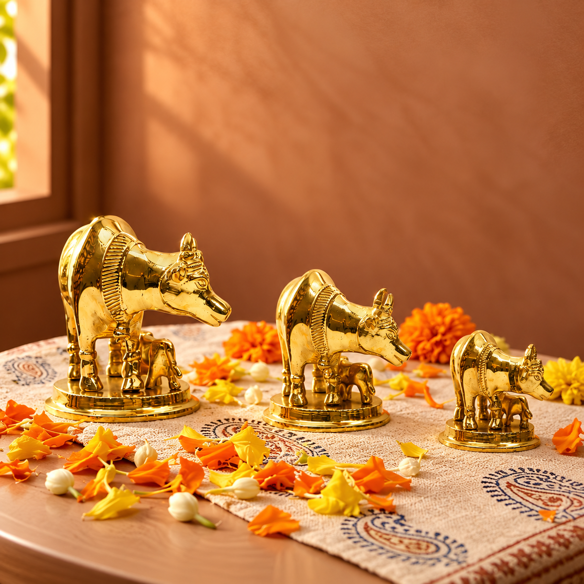 Gau Mata with Calf Idol Set of 3 | Polished Golden Brass Finish