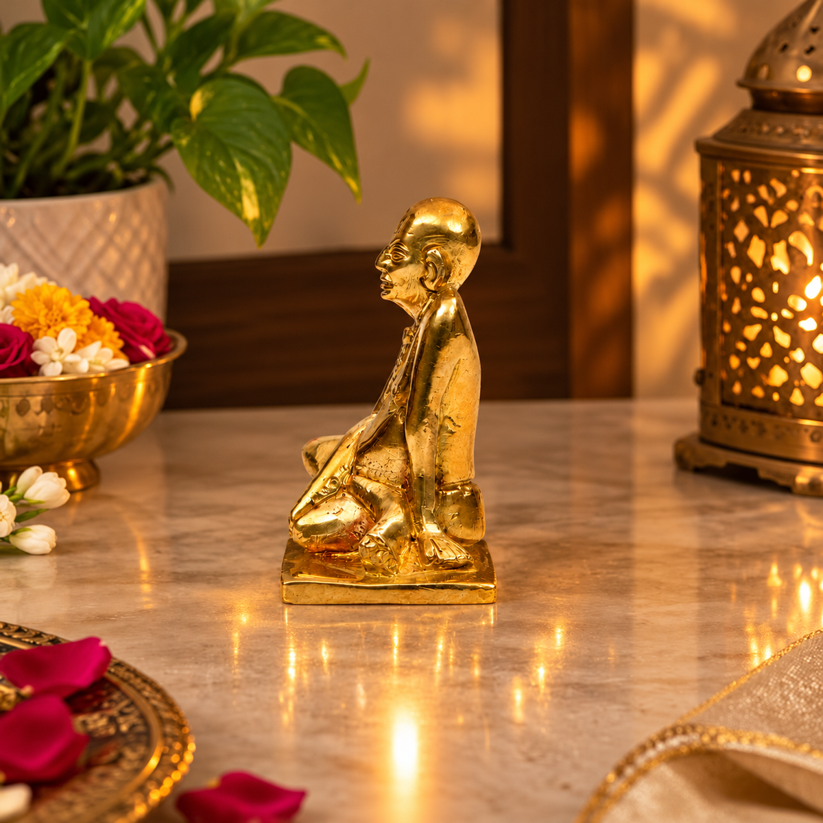 Sri Ramanujacharya Seated Saint Idol | Antique Golden Brass Finish