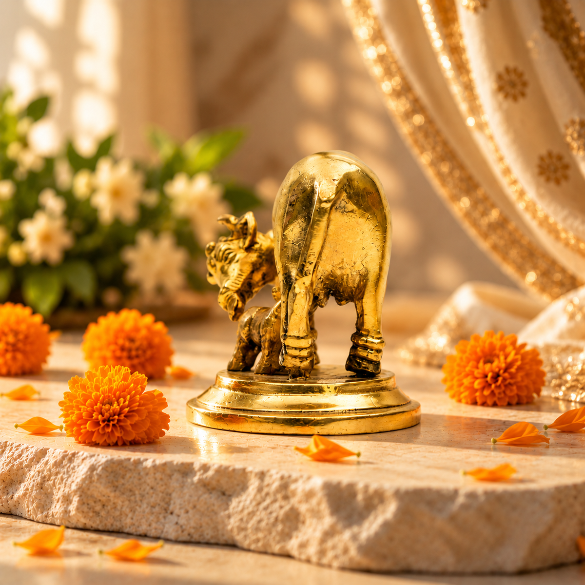 Gau Mata with Calf Idol | Antique Golden Brass Finish