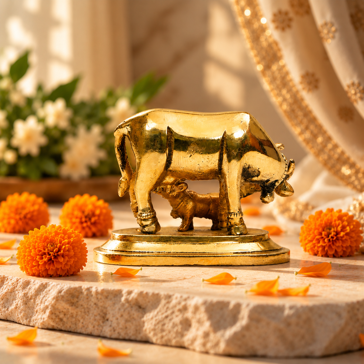 Gau Mata with Calf Idol | Antique Golden Brass Finish