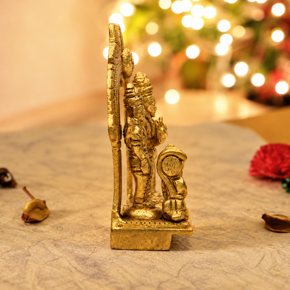Ram Darbar with Hanuman & Decorative Peacock Arch Idol | Antique Golden Brass Finish
