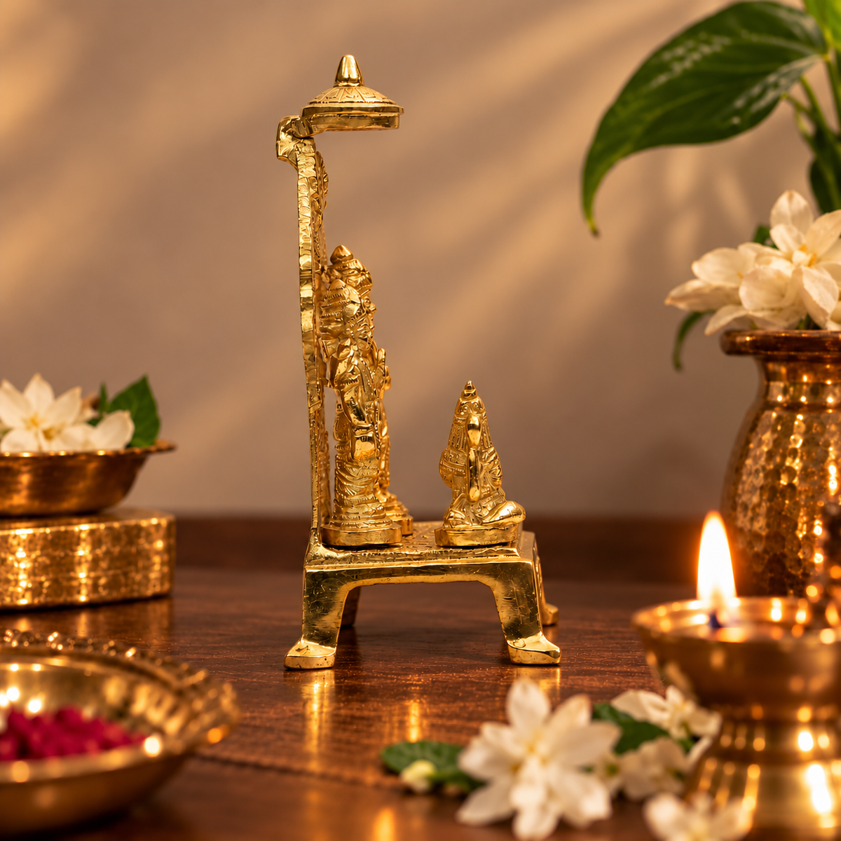 Ram Darbar with Hanuman Under Temple Arch Idol | Antique Golden Brass Finish