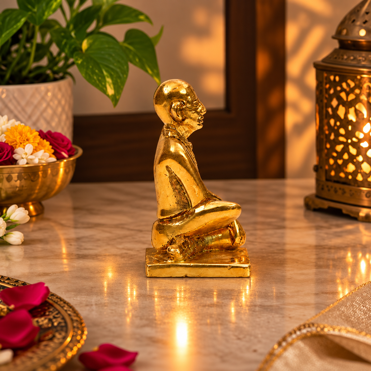 Sri Ramanujacharya Seated Saint Idol | Antique Golden Brass Finish