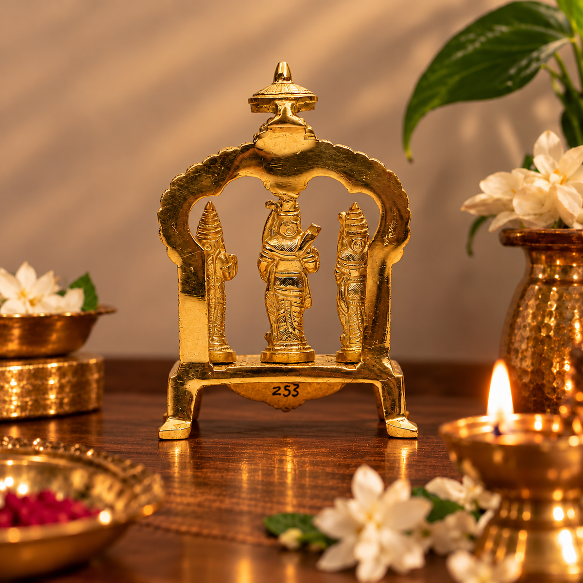Ram Darbar with Hanuman Under Temple Arch Idol | Antique Golden Brass Finish
