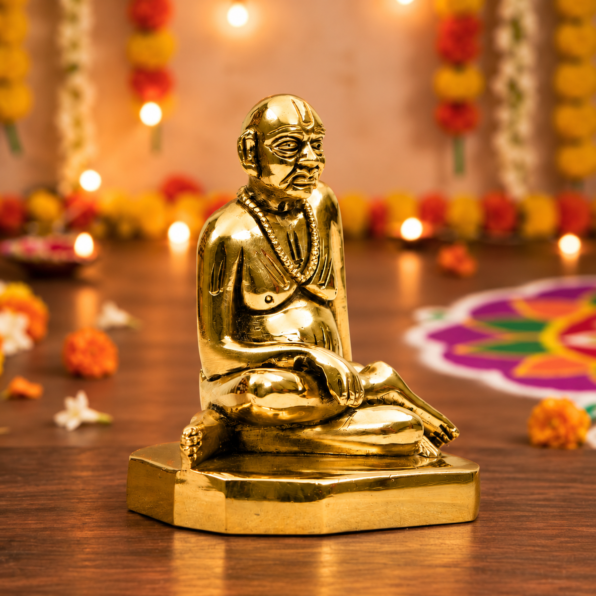 Sri Ramanujacharya Seated Guru Idol | Antique Golden Brass Finish