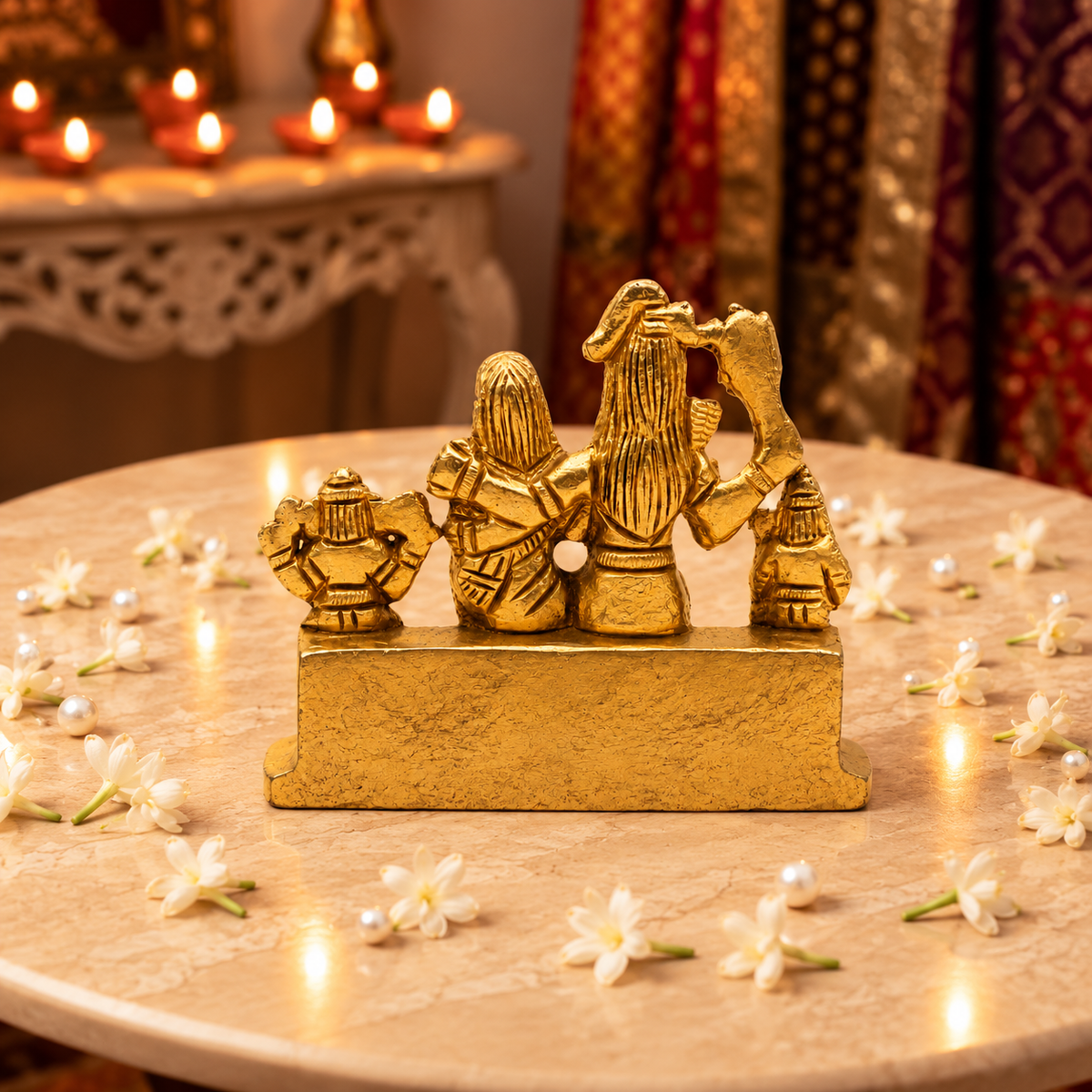 Shiva Parivar Family Idol with Ganesha & Kartikeya | Antique Golden Brass Finish