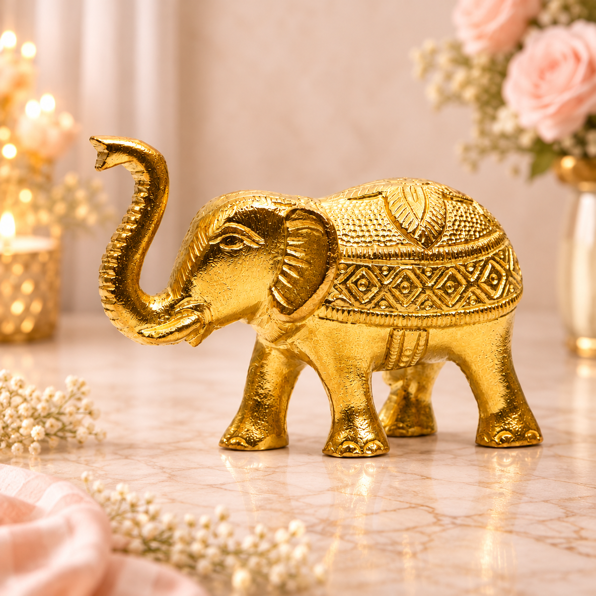 Decorative Elephant with Raised Trunk Figurine | Antique Golden Brass Finish