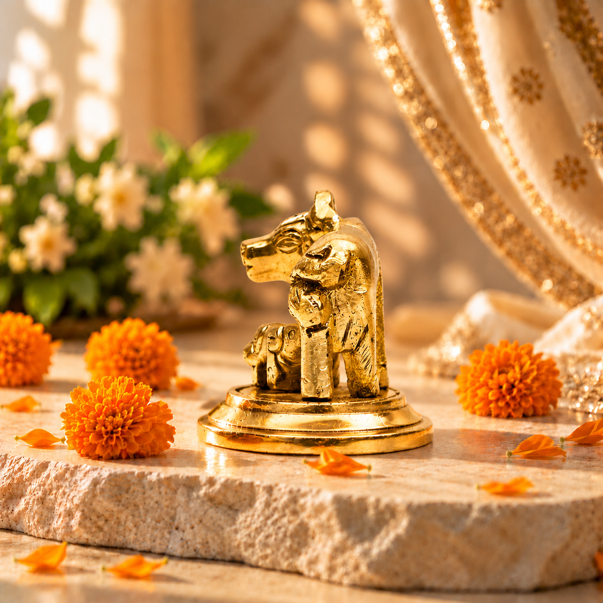Gau Mata with Calf Idol | Antique Golden Brass Finish