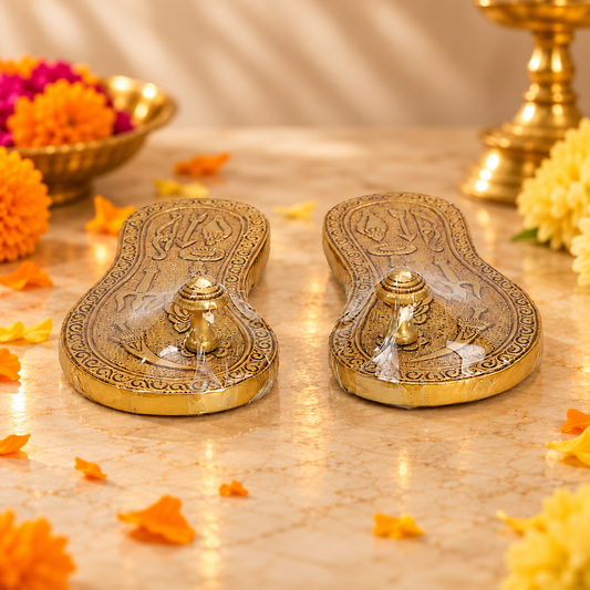 Divine Charan Paduka Pair | Engraved Antique Golden Brass Finish