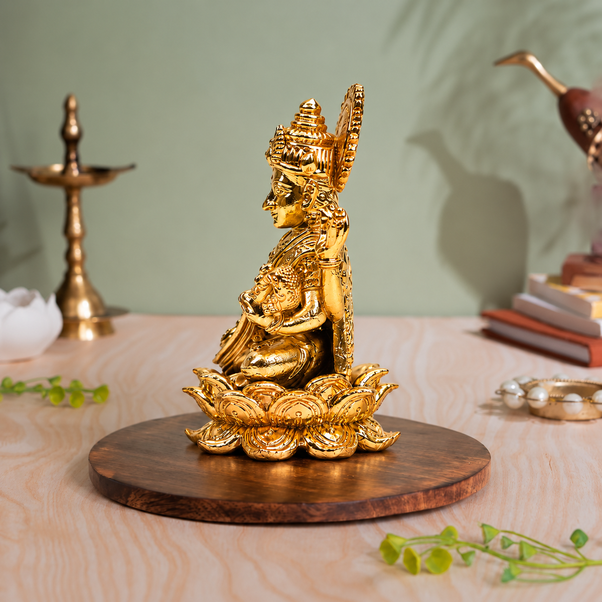 Goddess Saraswati Playing Veena on Lotus Idol | Antique Brass Finish
